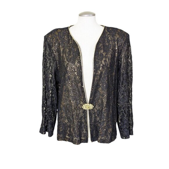 Vintage Womens Sheer Evening Jacket Plus 4XL Black Gold Sequin Rhinestone Clasp - Picture 1 of 8